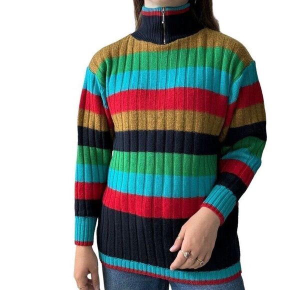 Vintage 1980s Mondi Rainbow Striped Wool Quarter Zip Ski Sweater West Germany - Picture 8 of 9